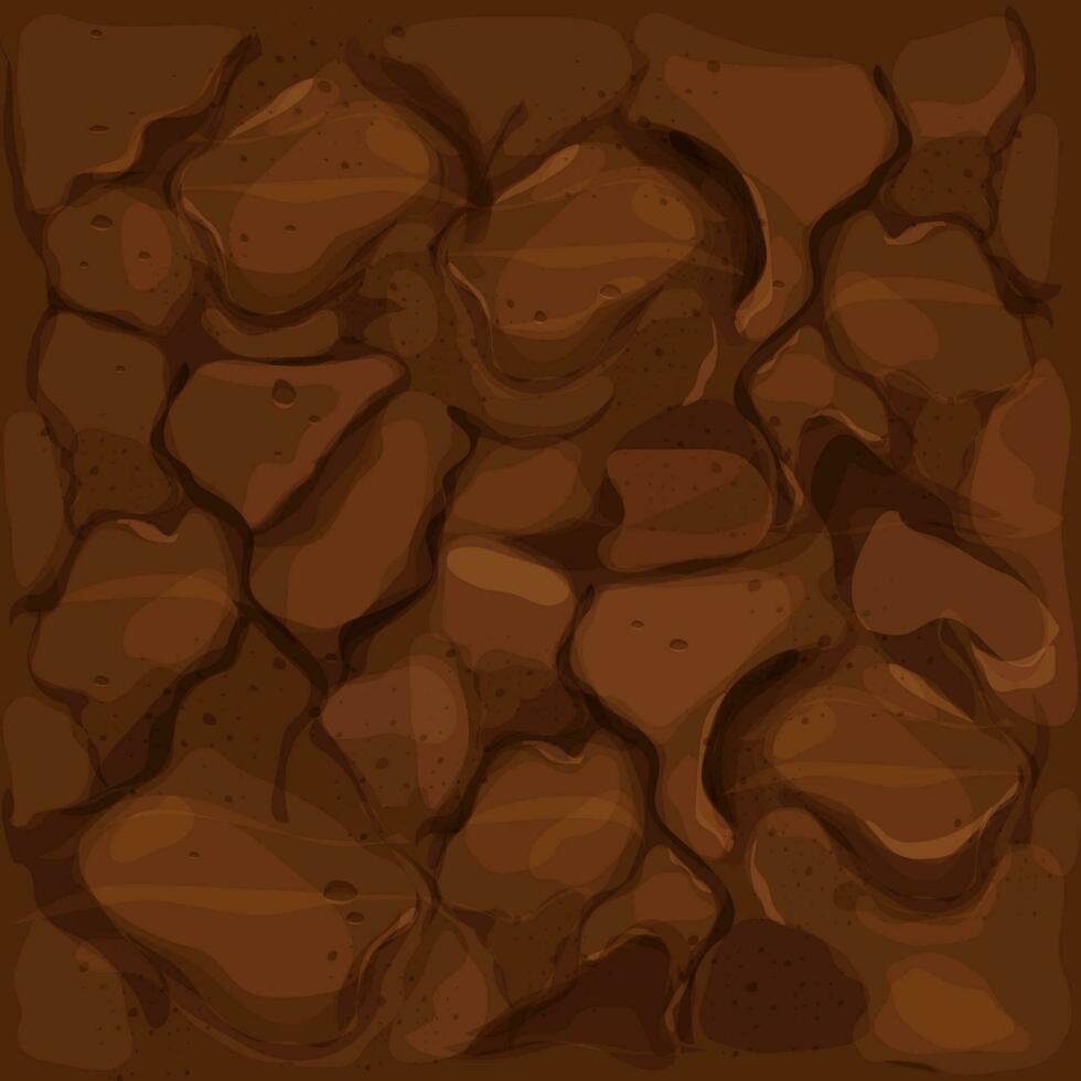 Ground texture, soil top view in cartoon style with stones and texture seamless. Game interface background, brown earth. . Vector illustration