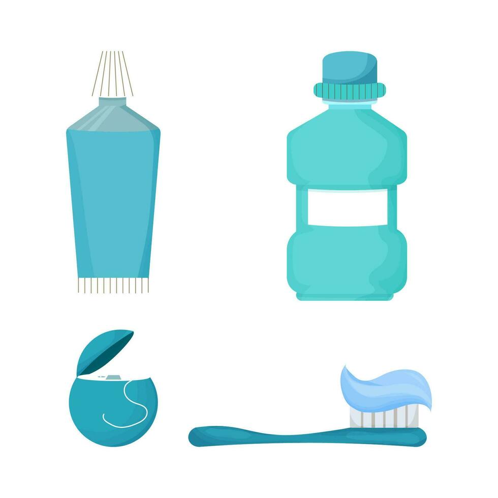 Set dental floss, mouthwash, toothpaste and toothbrush isolated on white background in flat style. Vector illustration