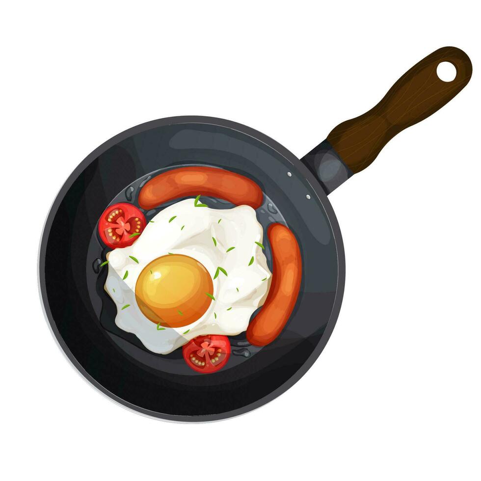 Fried egg sausages and tomatoes on skillet top view in cartoon style isolated on white background. Breakfast meal. Vector illustration