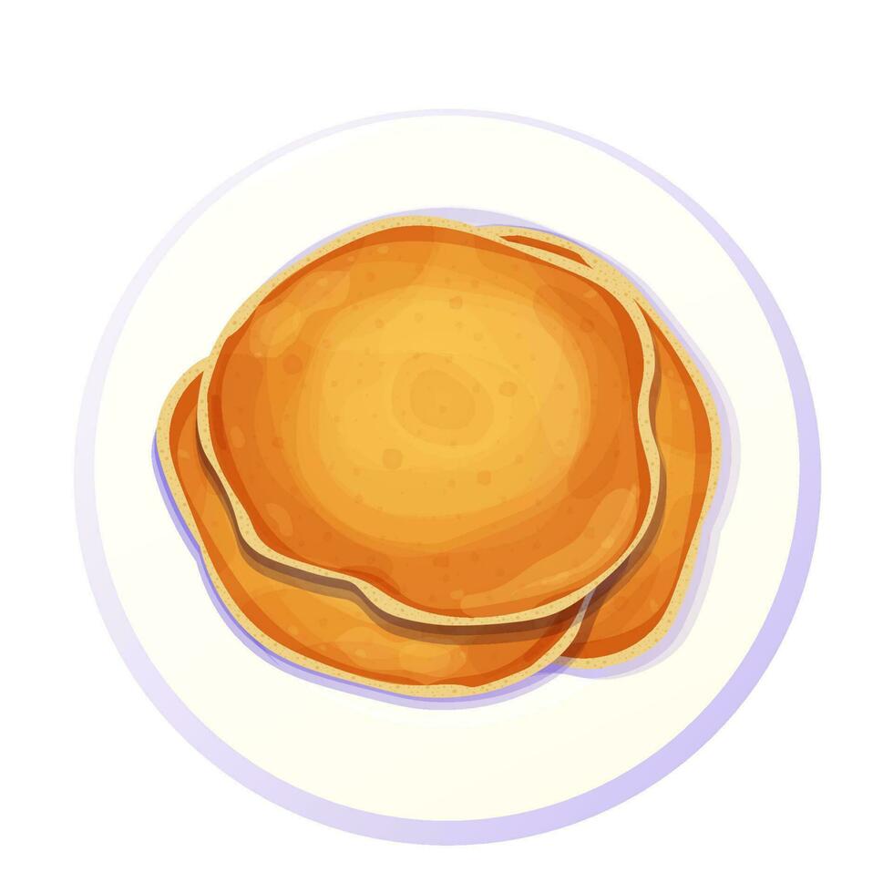 Pancakes stack top view in plate in cartoon style isolated on white background. Circle dessert, breakfast. . Vector illustration