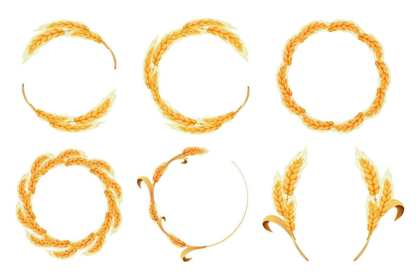 Set Wreath from spikelet, frame, border golden color wheat circle in cartoon style isolated on white background. For bakery, tags or labels. Vector illustration