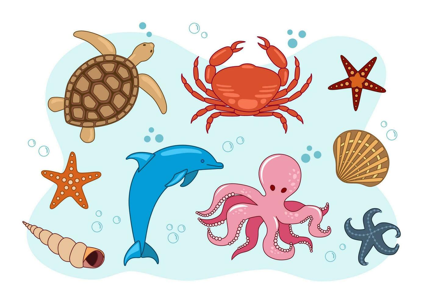 Cute sea creatures and animals vector icons.