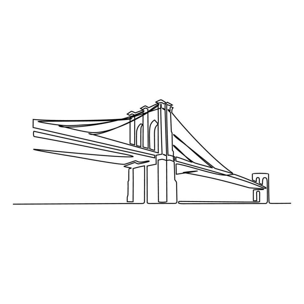 One continuous line drawing of bridge design illustration. Bridge architecht in simple linear style. Construction design concept. Vector illustration