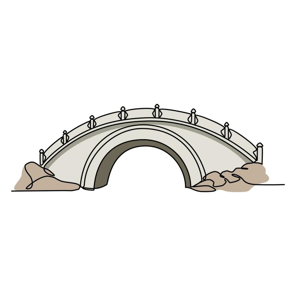 One continuous line drawing of bridge design illustration. Bridge architecht in simple linear style. Construction design concept. Vector illustration