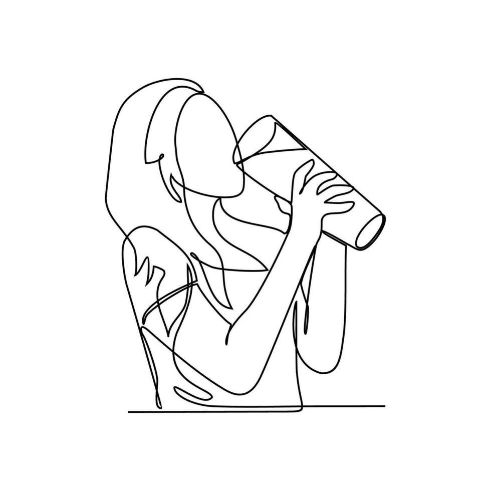 One continuous line drawing of a woman is drinking milk. beverage in simple linear style. beverage design concept vector illustration
