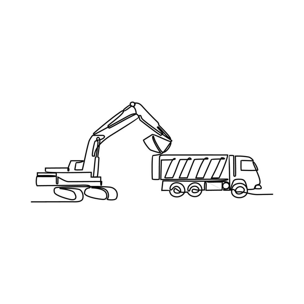 One continuous line drawing of excavator in the site project . Construction Project design concept with simple linear style. Construction Project vector design illustration concept.