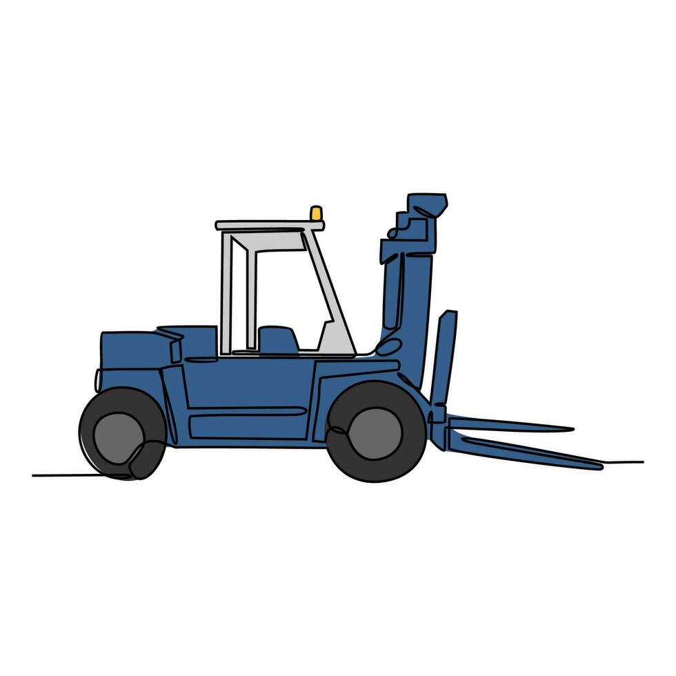 One continuous line drawing of forklift in the site project . Construction Project design concept with simple linear style. Construction Project vector design illustration concept