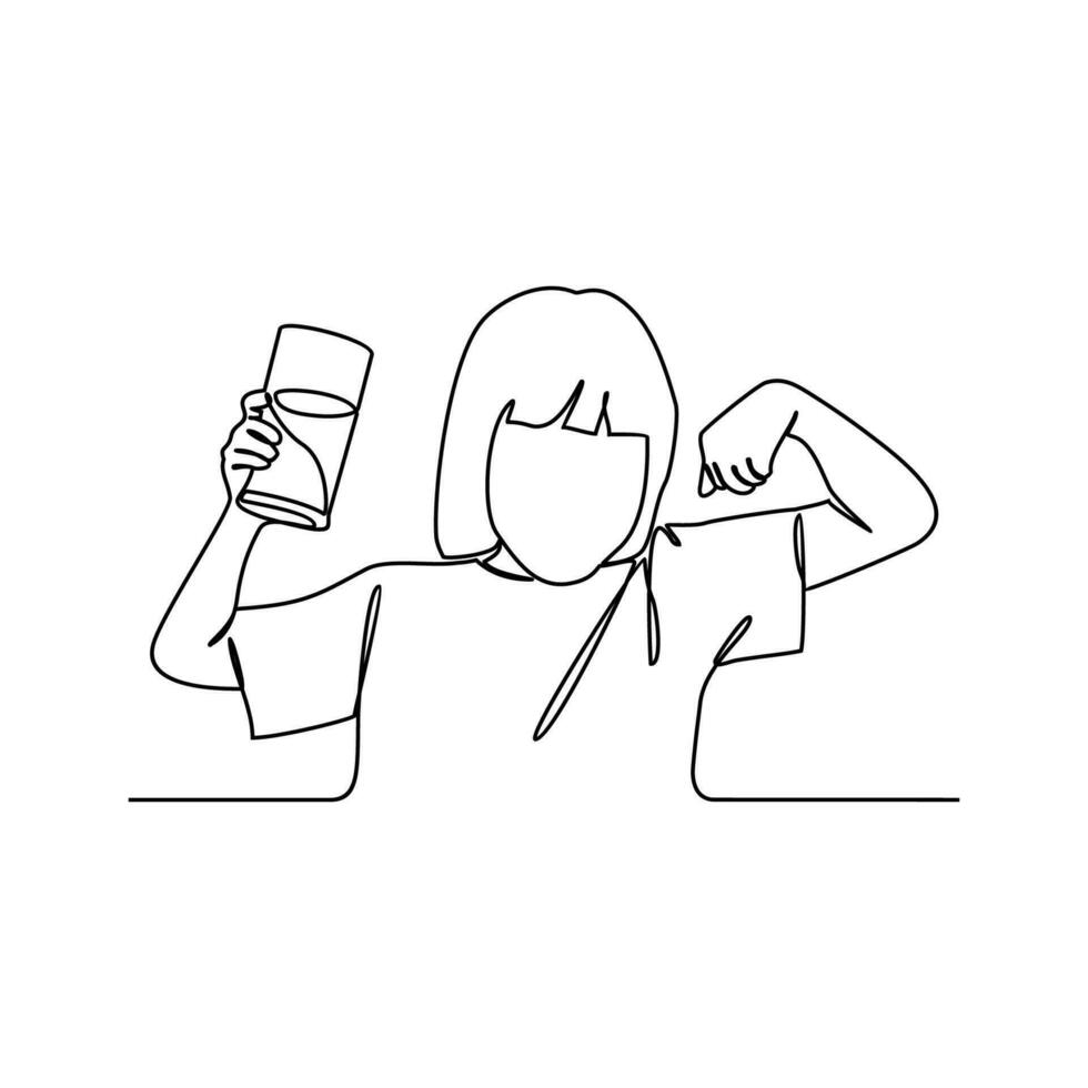 One continuous line drawing of a child is drinking milk. beverage in simple linear style. beverage design concept vector illustration