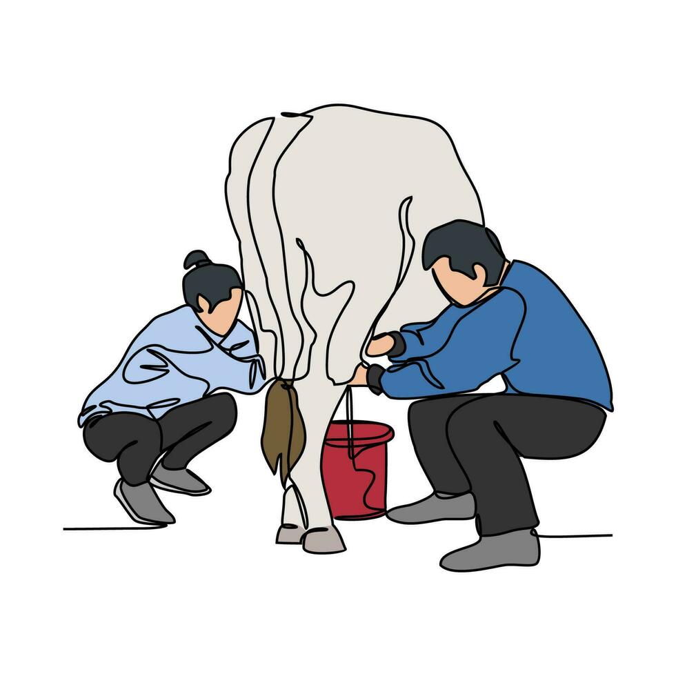 One continuous line drawing of people is milking a cow. beverage in simple linear style. beverage design concept vector illustration