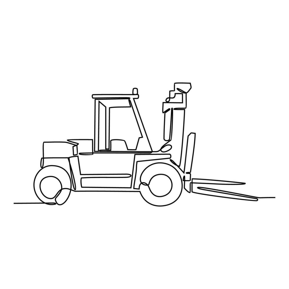 One continuous line drawing of forklift in the site project . Construction Project design concept with simple linear style. Construction Project vector design illustration concept