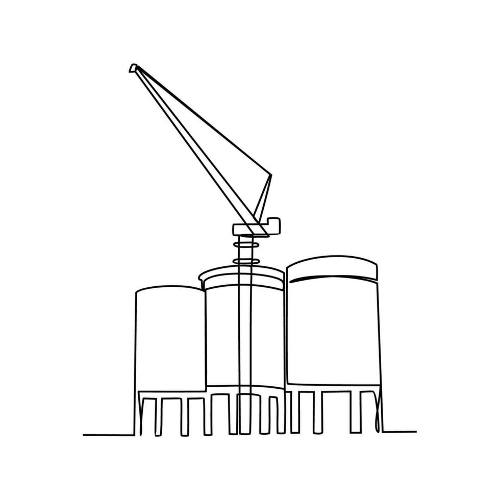 Ash Silo with tower crane at industrial power plant in continuous line art drawing style. design with Minimalist black linear design isolated on white background. Vector illustration