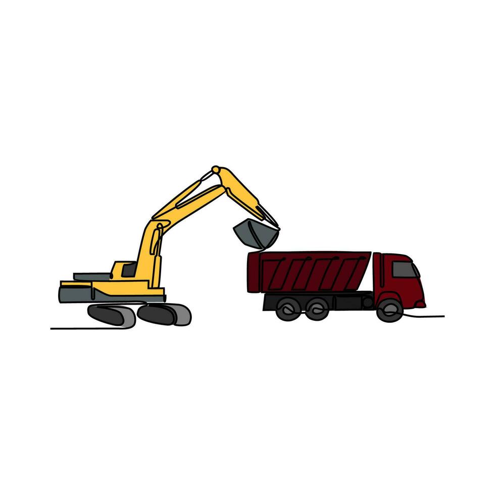 One continuous line drawing of excavator in the site project . Construction Project design concept with simple linear style. Construction Project vector design illustration concept.