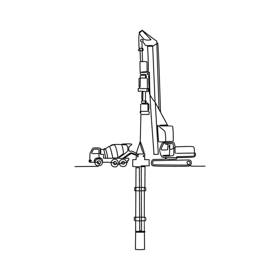 One continuous line drawing of bore pile machine in the site project . Construction Project design concept with simple linear style. Construction Project vector design illustration concept.