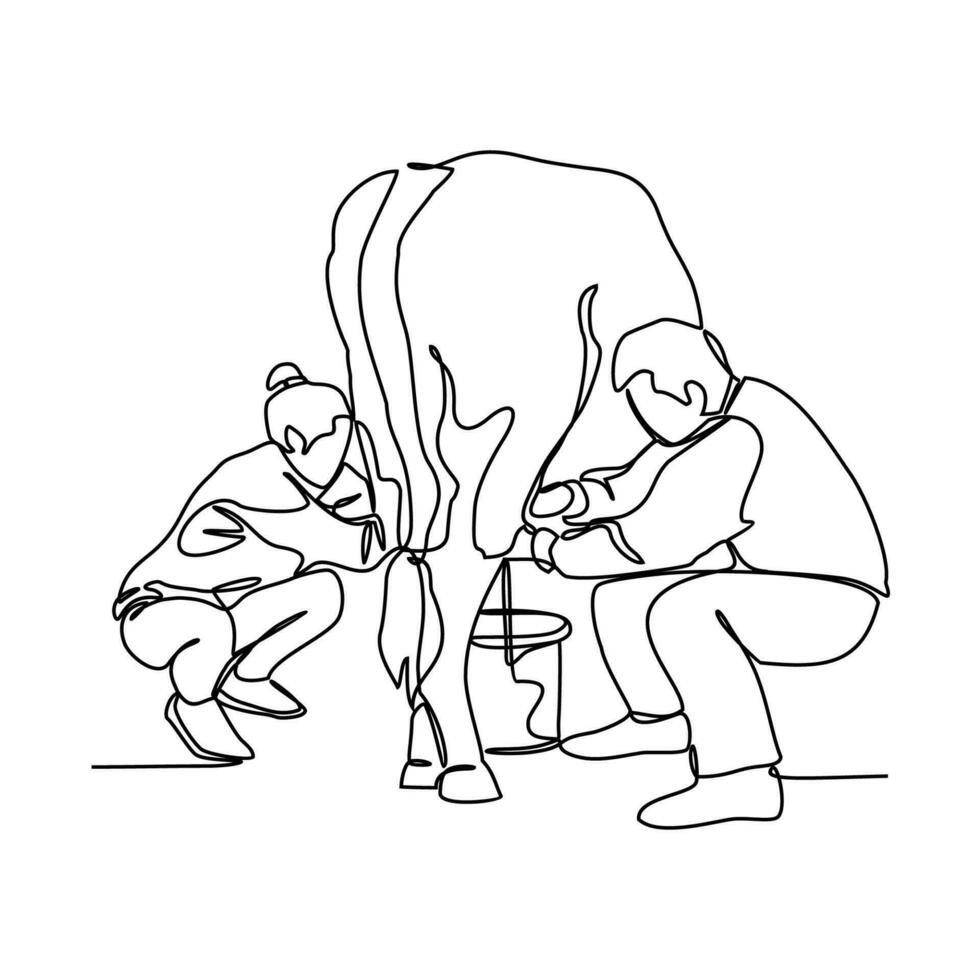 uno continuo línea dibujo de personas es ordeño un vaca. bebida en sencillo lineal estilo. bebida diseño concepto vector ilustración