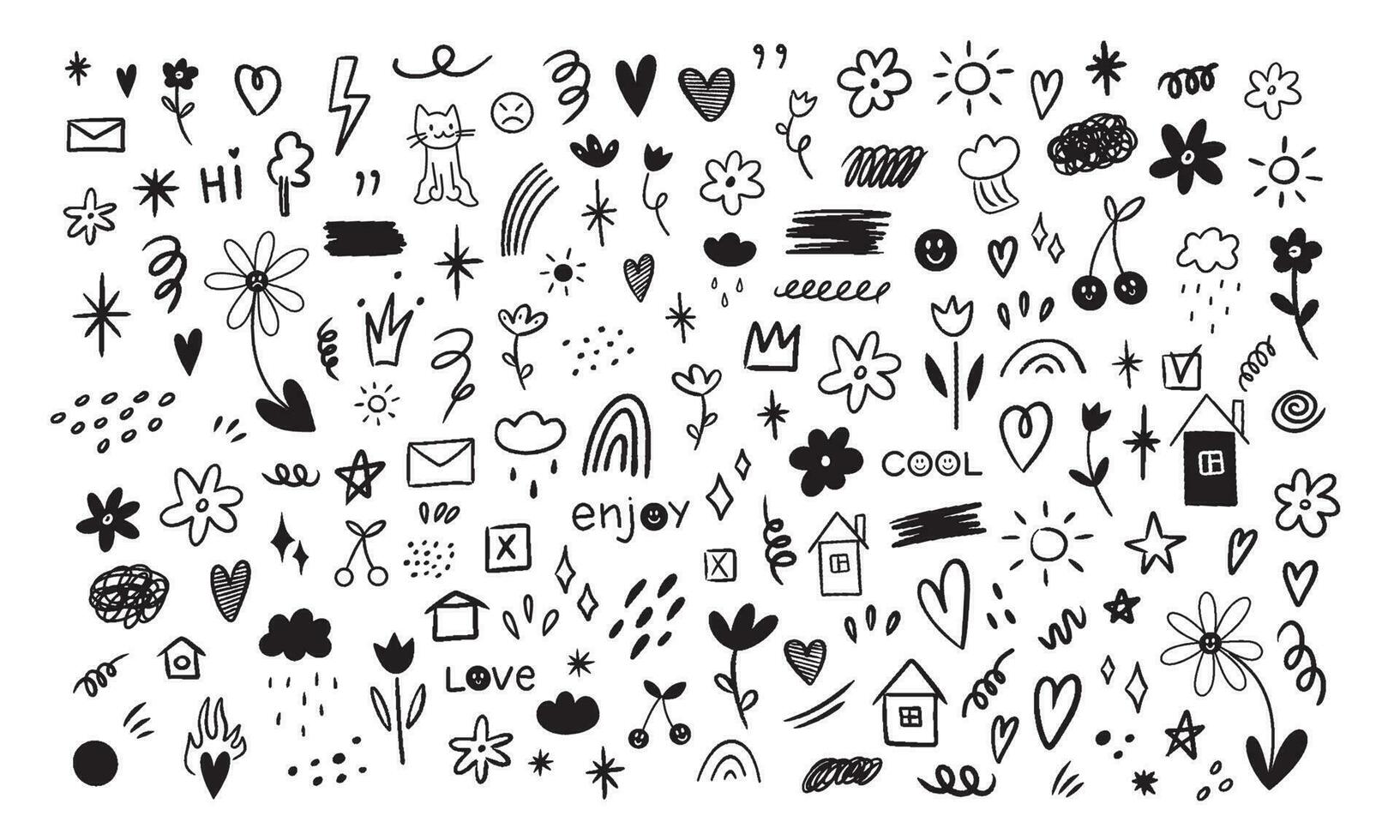 Hand drawn set of simple decorative elements. Various icons such as hearts, stars, speech bubbles, arrows, lines isolated on white background. vector