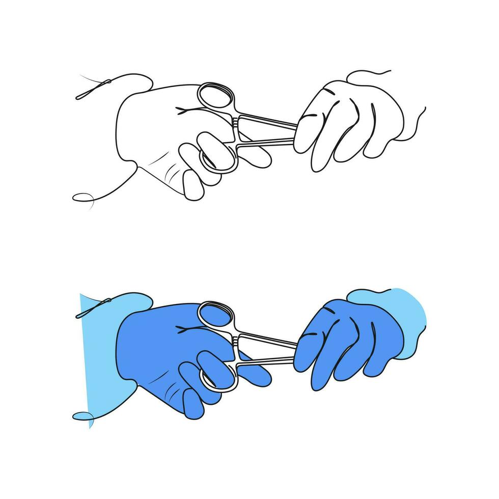 Assistant's gloved hand giving instrument to surgeon. Line art. Surgery and emergency concept. Vector illustration.