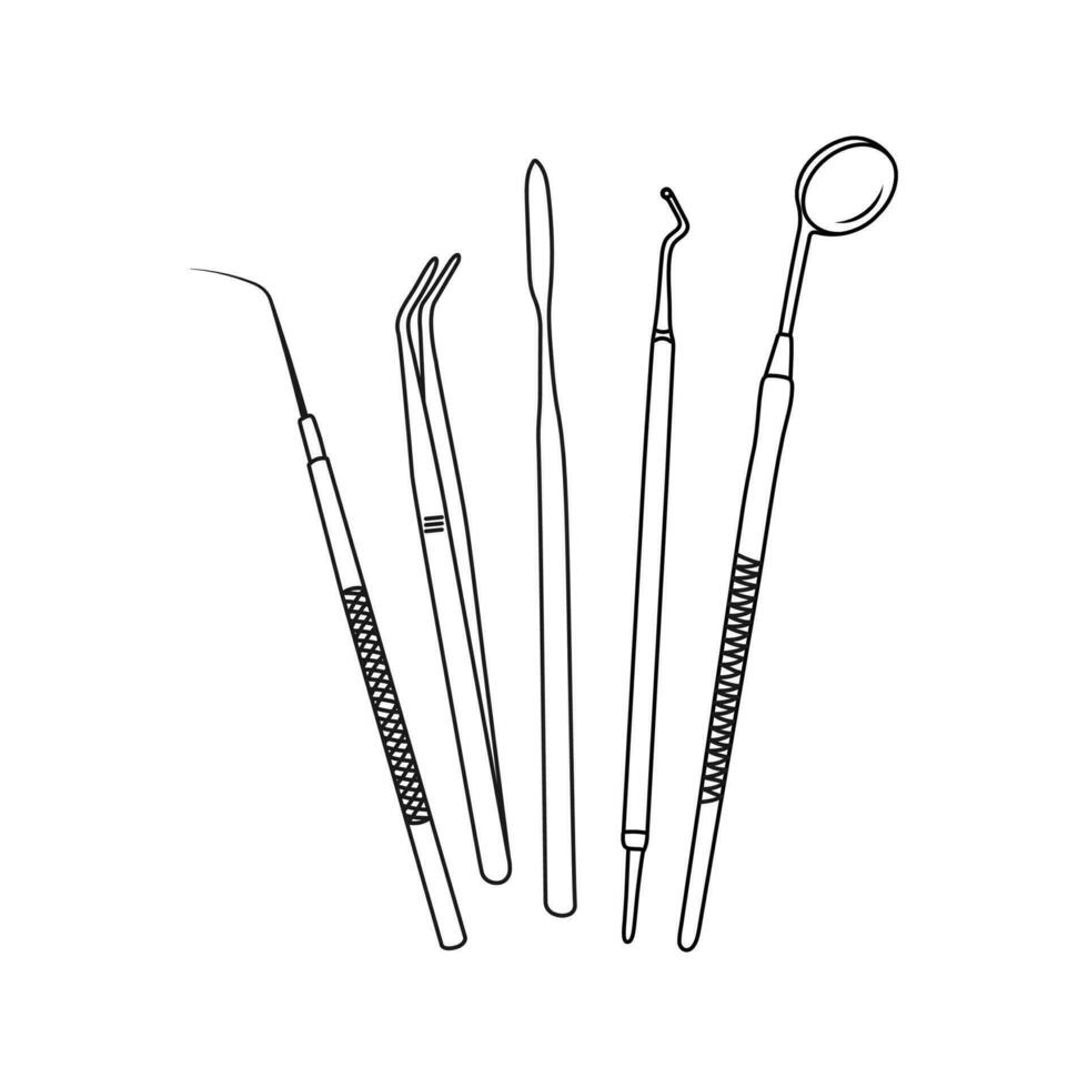 Dental instruments. Line art drawing. Set of dental tools. Dental health care. Hand drawn vector illustration.