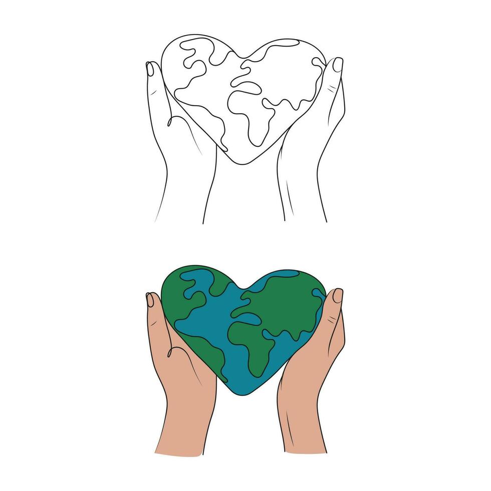 Hands holding planet, earth. World environment day. Earth day concept. Line vector illustration.
