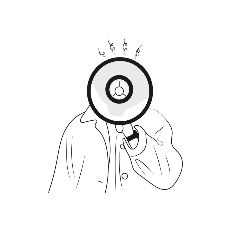 Human with megaphone in hand. Line art. Person shouting in megaphone. Hand drawn vector illustration.