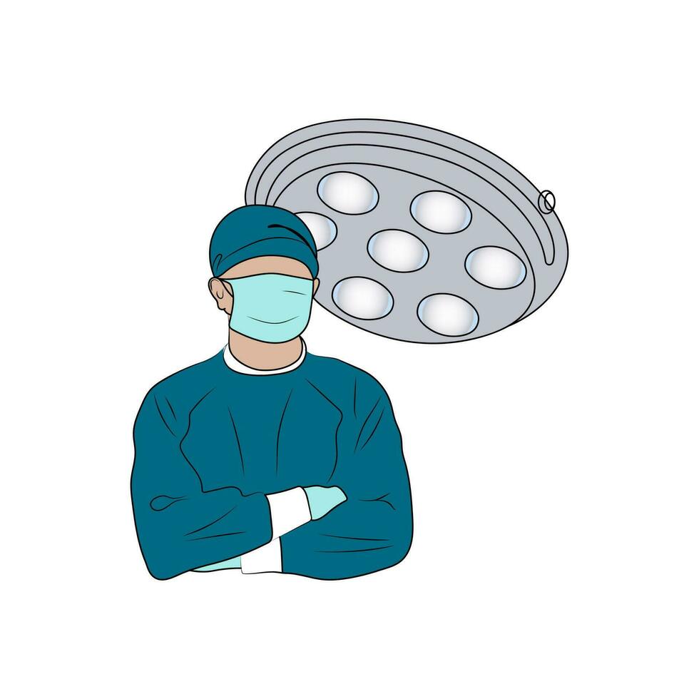 Surgeon standing with crossed arms. Line art. Doctor in gloves, mask and uniform in operating room. Hand drawn vector illustration.