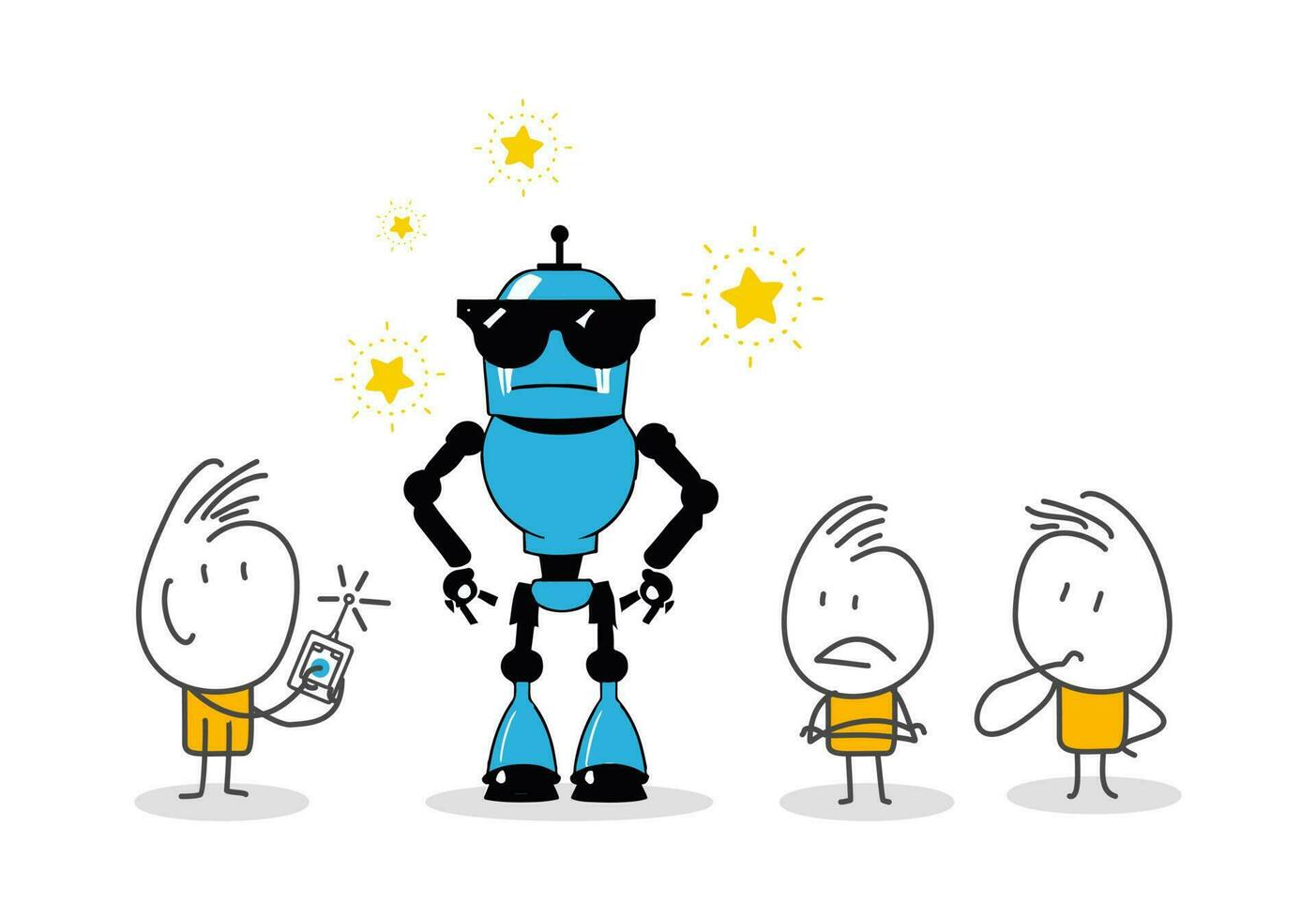 Stick figures. robot, artificial intelligence, Hand drawn doodle line art cartoon design character. vector