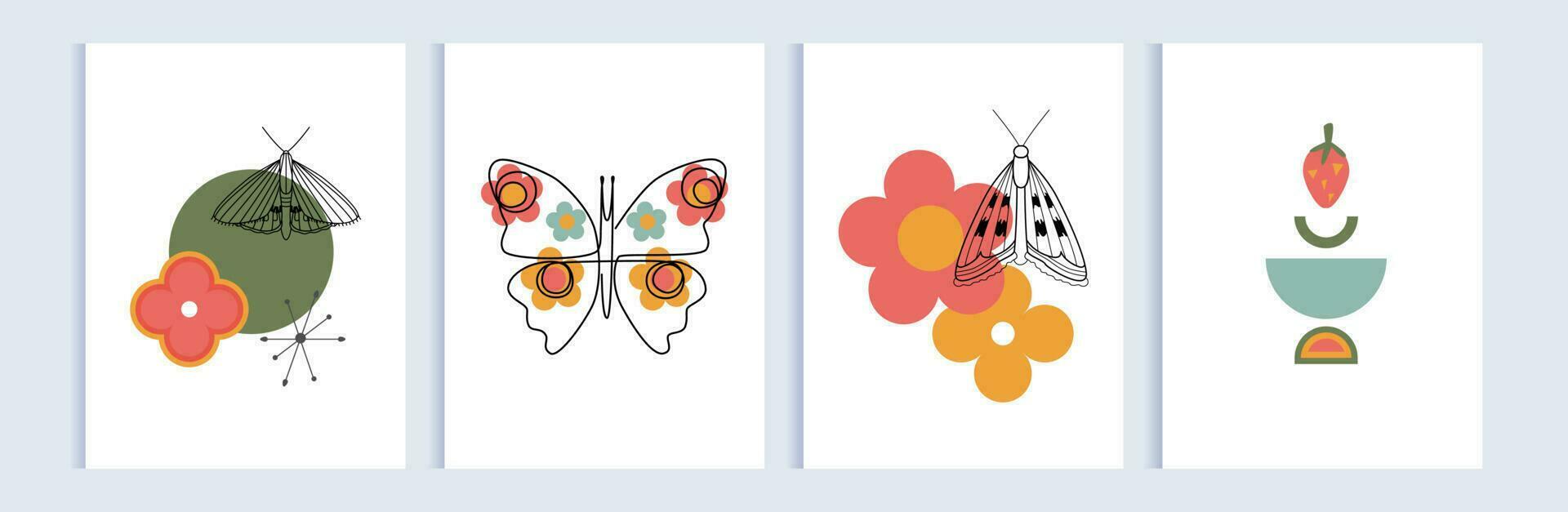 Set of modern abstract posters, covers, backgrounds. One line art butterflies, flowers, abstract shapes. Minimal mid century modern concept. Colorful simple background, banner, flyer. vector