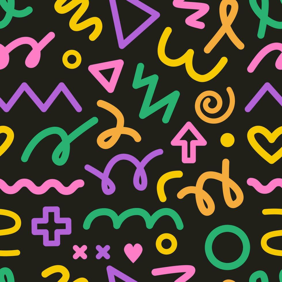 Colorful doodle and scribble shapes, lines, strokes. Modern abstract childish minimalist seamless pattern. Memphis and 90s inspired background, digital paper. Retro nostalgia. Line art. vector