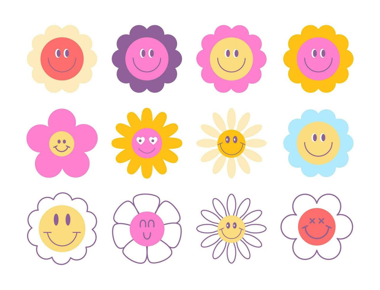 conjunto de linda 70s retro maravilloso flores sonriente margaritas clipart. aislado en blanco antecedentes. hippie psicodélico vibras. pegatinas vector