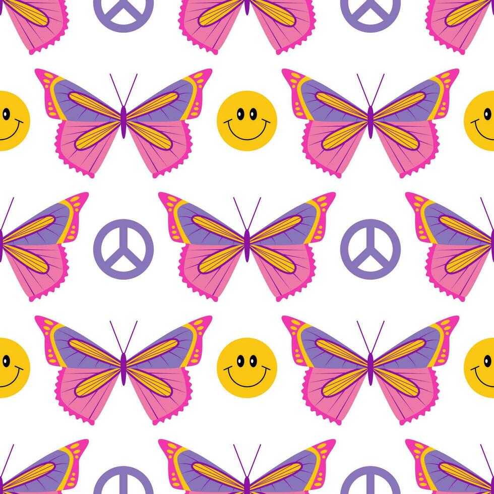 70s retro groovy hippie seamless pattern, Y2k, 1970 good vibes, trippy. Butterfly and smiles. Vector illustration.