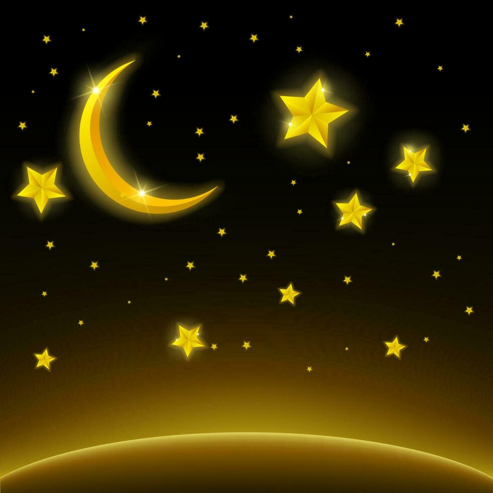 Golden crescent moon and stars on space background, Vector Illustration