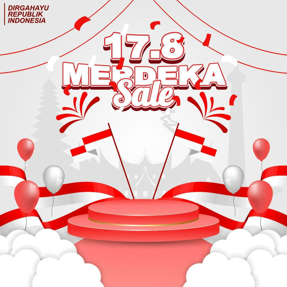 indonesia independence day sale banner and social media post, with empty podium and flag ornament, editable text with graphic style vector