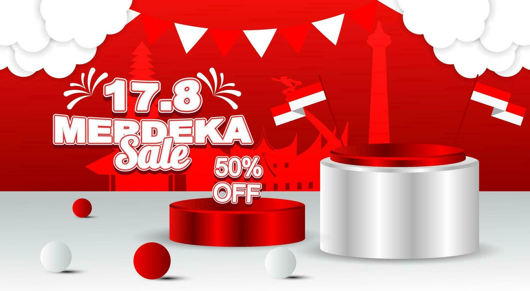 indonesia independence day sale banner advertisement and social media post, with 3d empty podium and flag ornament vector