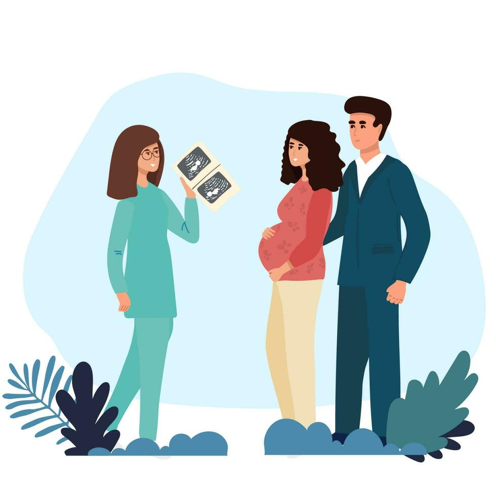 Pregnancy healthcare and support concept. Set of pregnant woman feeling pain in back looking at ultrasound from doctor crying after losing baby feeling happy knowing of pregnancy vector illustration
