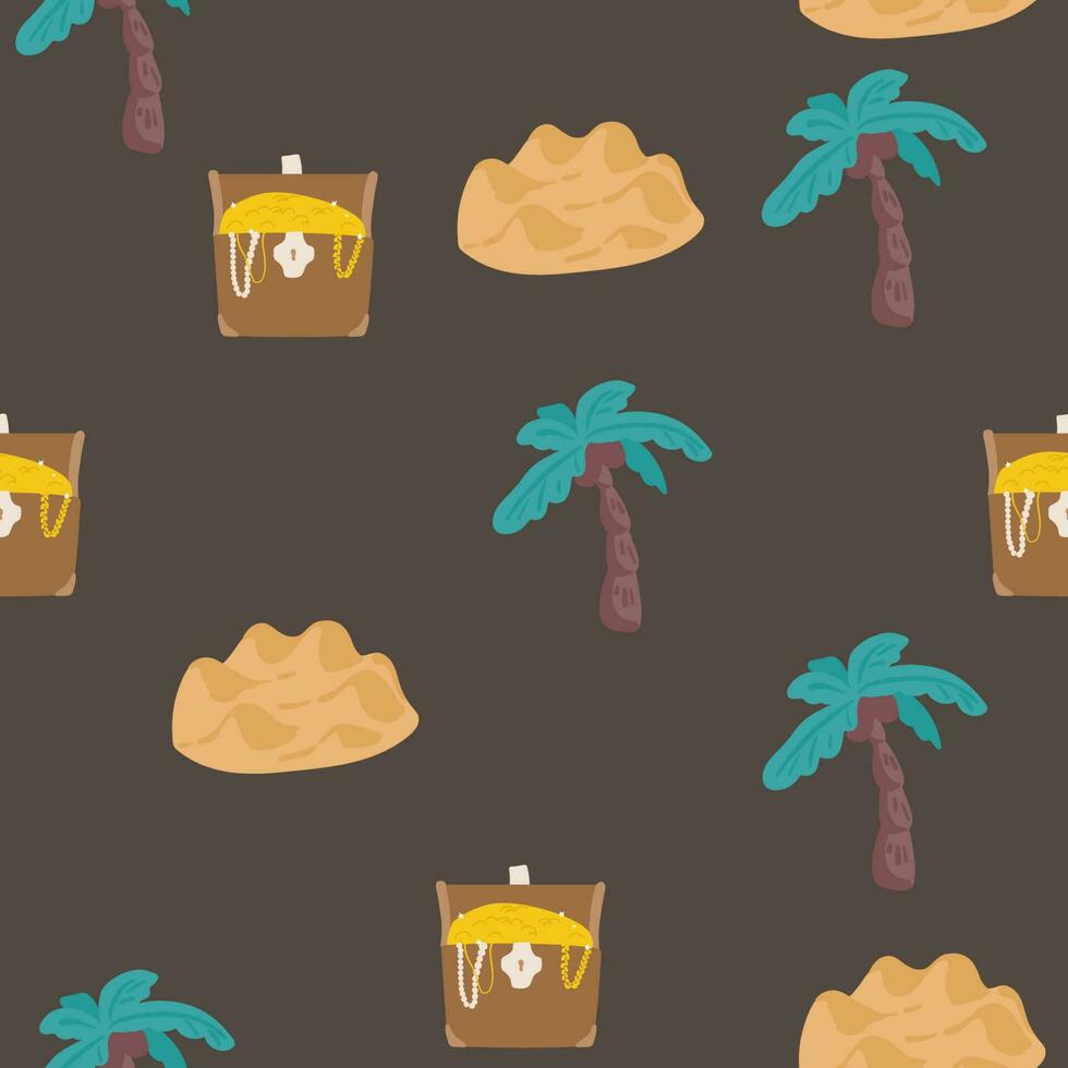 Seamless pattern with pumpkin character with emotions and face in pirate bandana, crossed sabers and with treasure chest and gold coins. Print to decorate Halloween party, birthday or holiday, vector