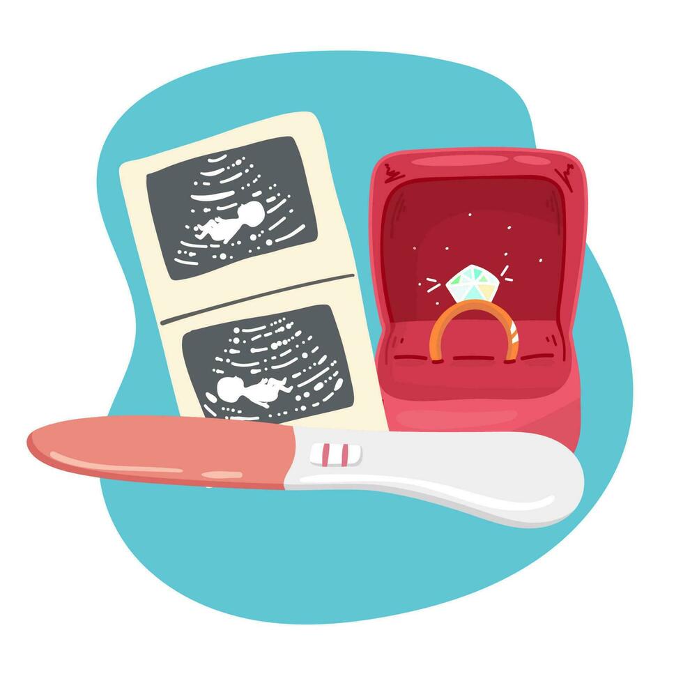 A positive pregnancy test result, a photo of a baby on an ultrasound scan, a large belly of a pregnant woman. Cartoon. Vector