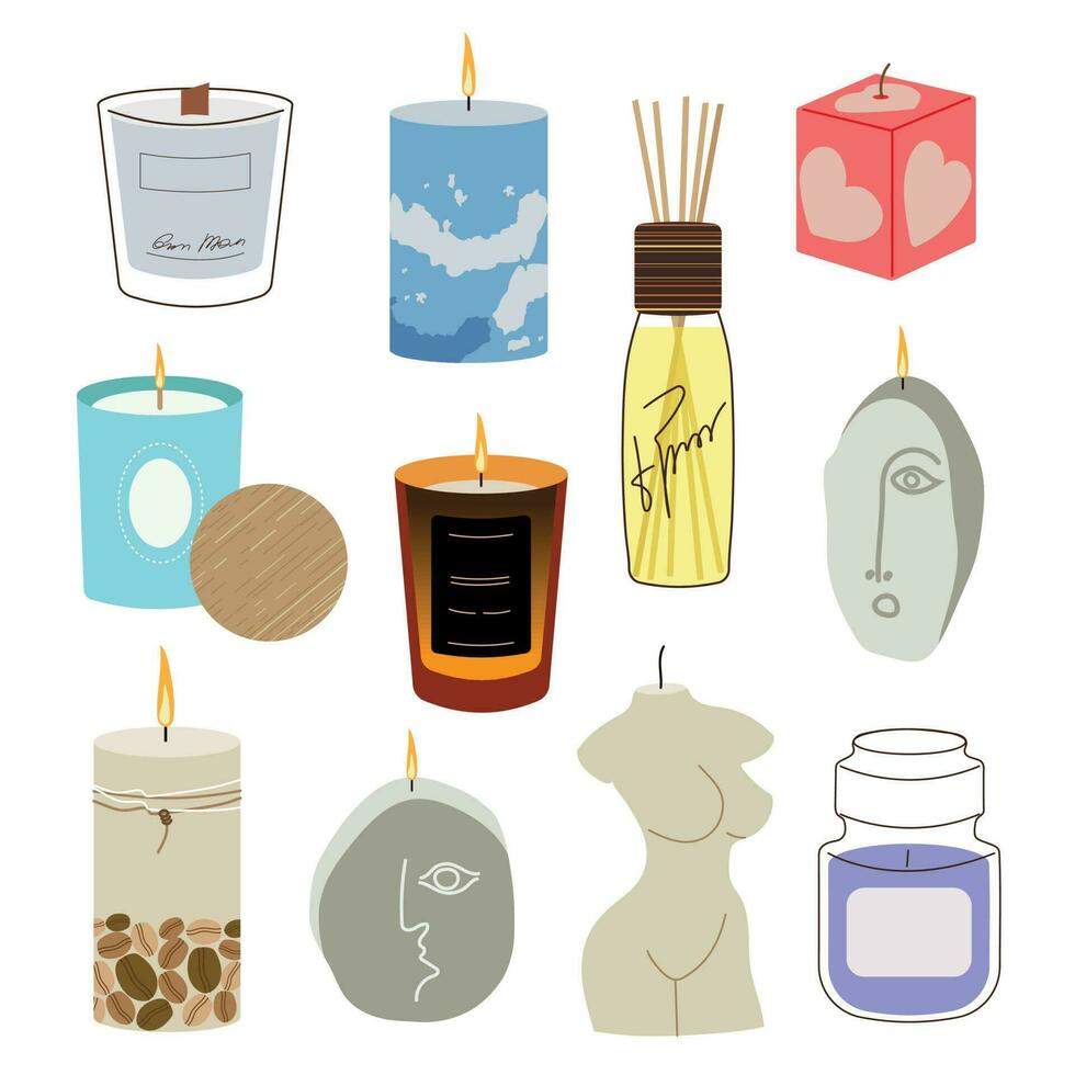 varios velas varios formas y tamaños un pilar, un vela en un frasco, un cuadrado, un vela en un envase. decorativo cera velas para relajación y spa. vector