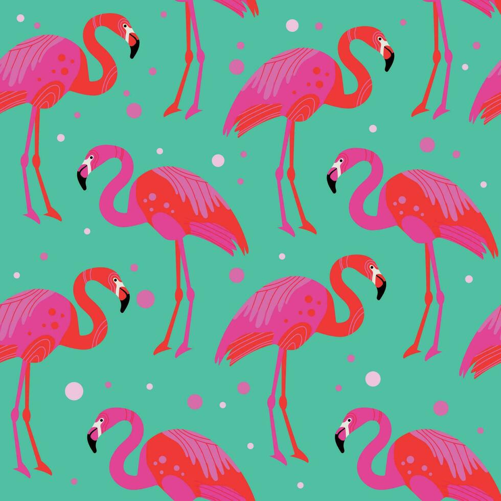 Beautiful seamless vector tropical pattern with pink flamingos on a green background. Abstract summer texture