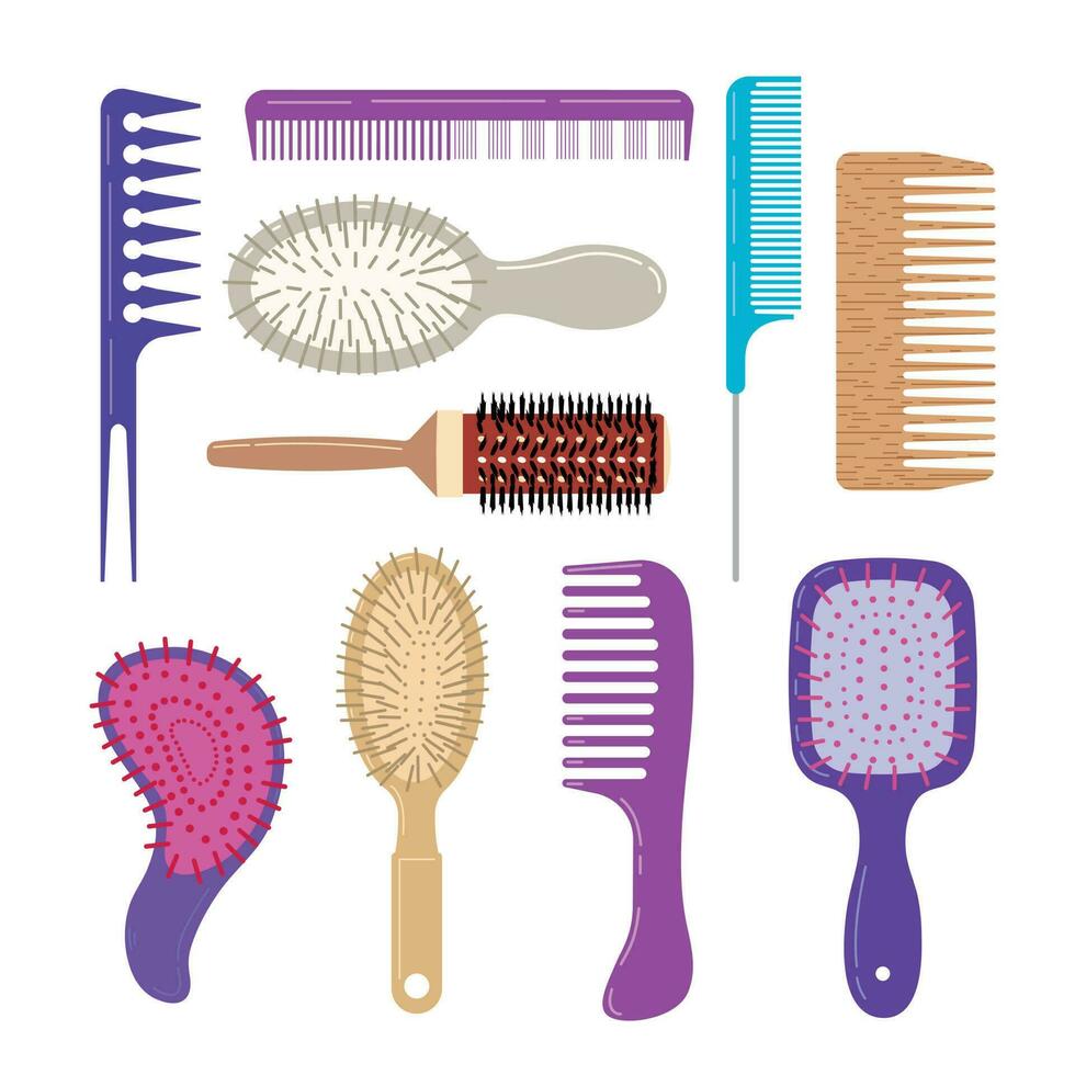 Set of fashionable hair combs.Vector isolated illustration on white background, hairdresser style accessories, hair dryer vector