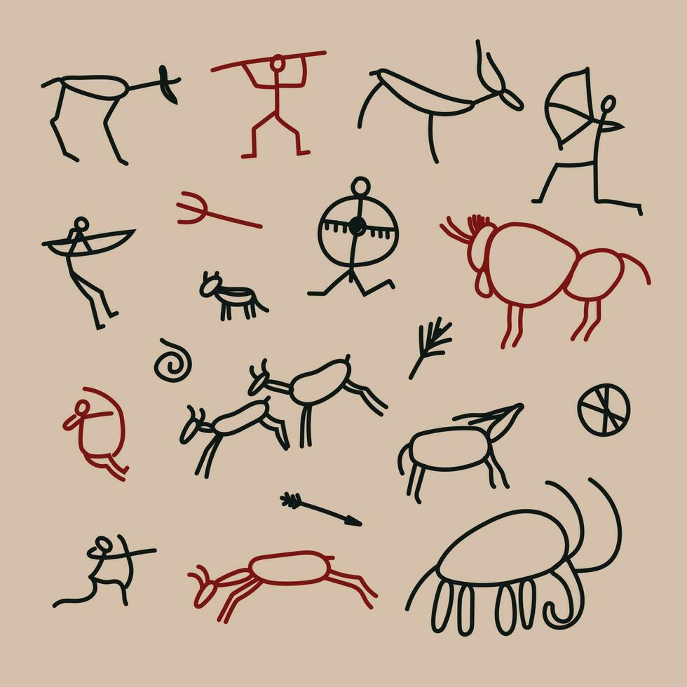 Hand-drawn pattern of cave drawings.Rock painting. Primitive ancient caveman sketch, prehistoric symbols of hunters animals plants and ornaments on stone wall. Vector petroglyph prehistoric drawing.