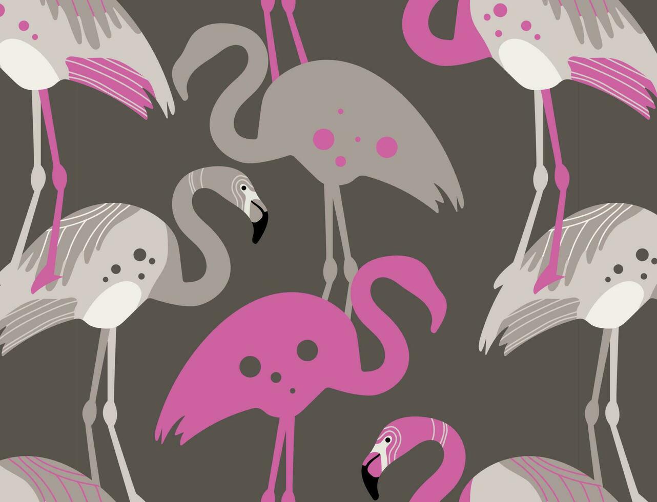Beautiful seamless vector tropical pattern with pink flamingos on a gray background. Abstract summer texture