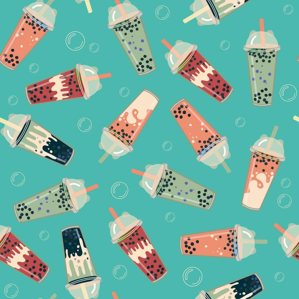 Seamless pattern with bubble milk tea in cups. Repeating print with cold boba cocktail in glasses with straw. Colored flat vector illustration for decoration