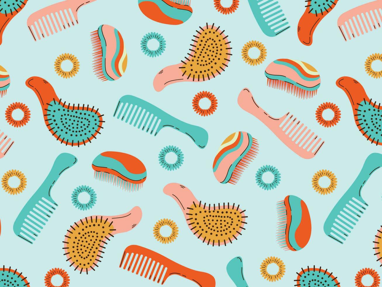 Fashionable seamless pattern with various combs, hair ties. Barbershop or barbershop background. Vector illustration on a light green background.