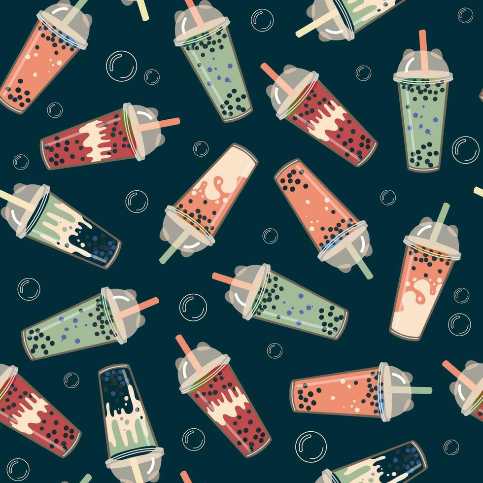 Seamless pattern with bubble milk tea in cups. Repeating print with cold boba cocktail in glasses with straw. Colored flat vector illustration for decoration