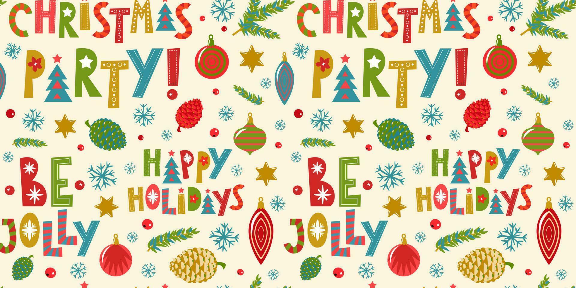 seamless background with inscriptions, fir branches, cones, snowflakes. Vector design template.