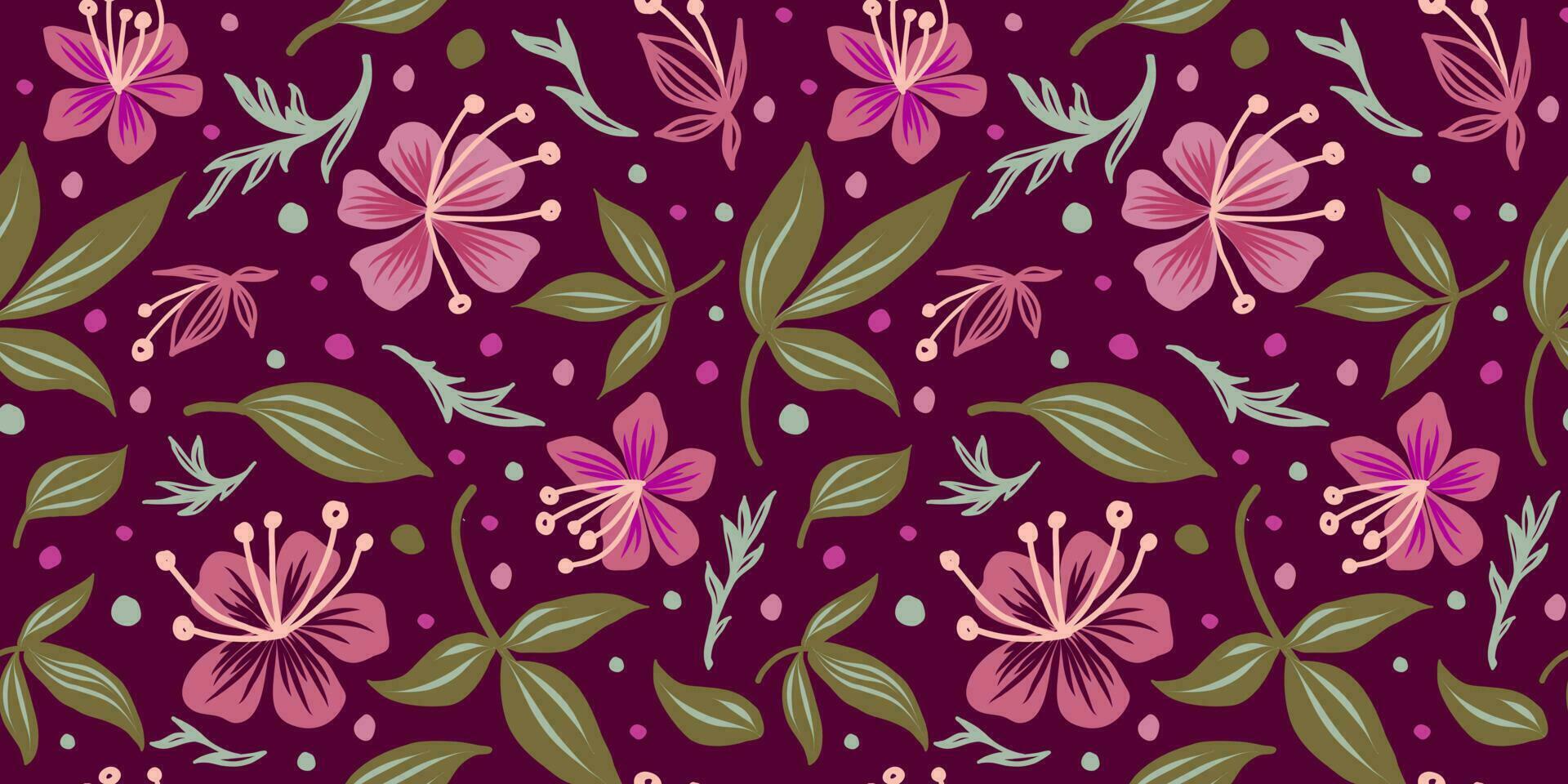 sin costura modelo de rosado flores, varios hojas en un granate antecedentes. colección de herbario huellas dactilares. creativo diseño. mano dibujado vector ilustración.