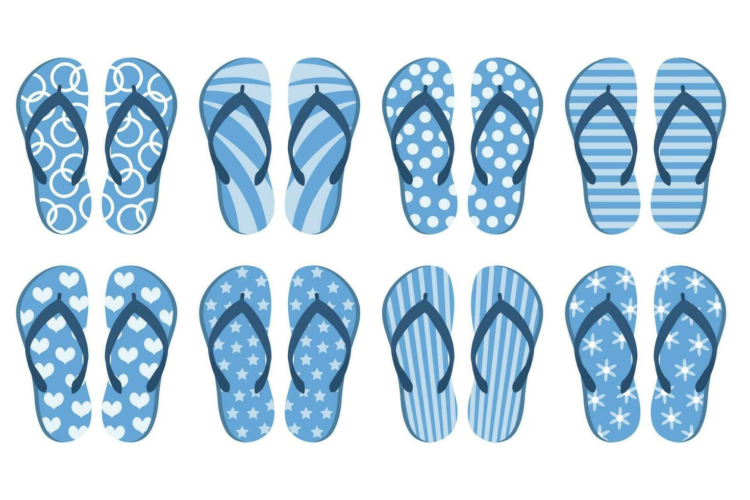 un conjunto de vistoso caucho dar la vuelta fracasos ilustración de verano zapatos, parte superior ver de zapatillas. piscina zapatos. plano diseño. iconos, vector