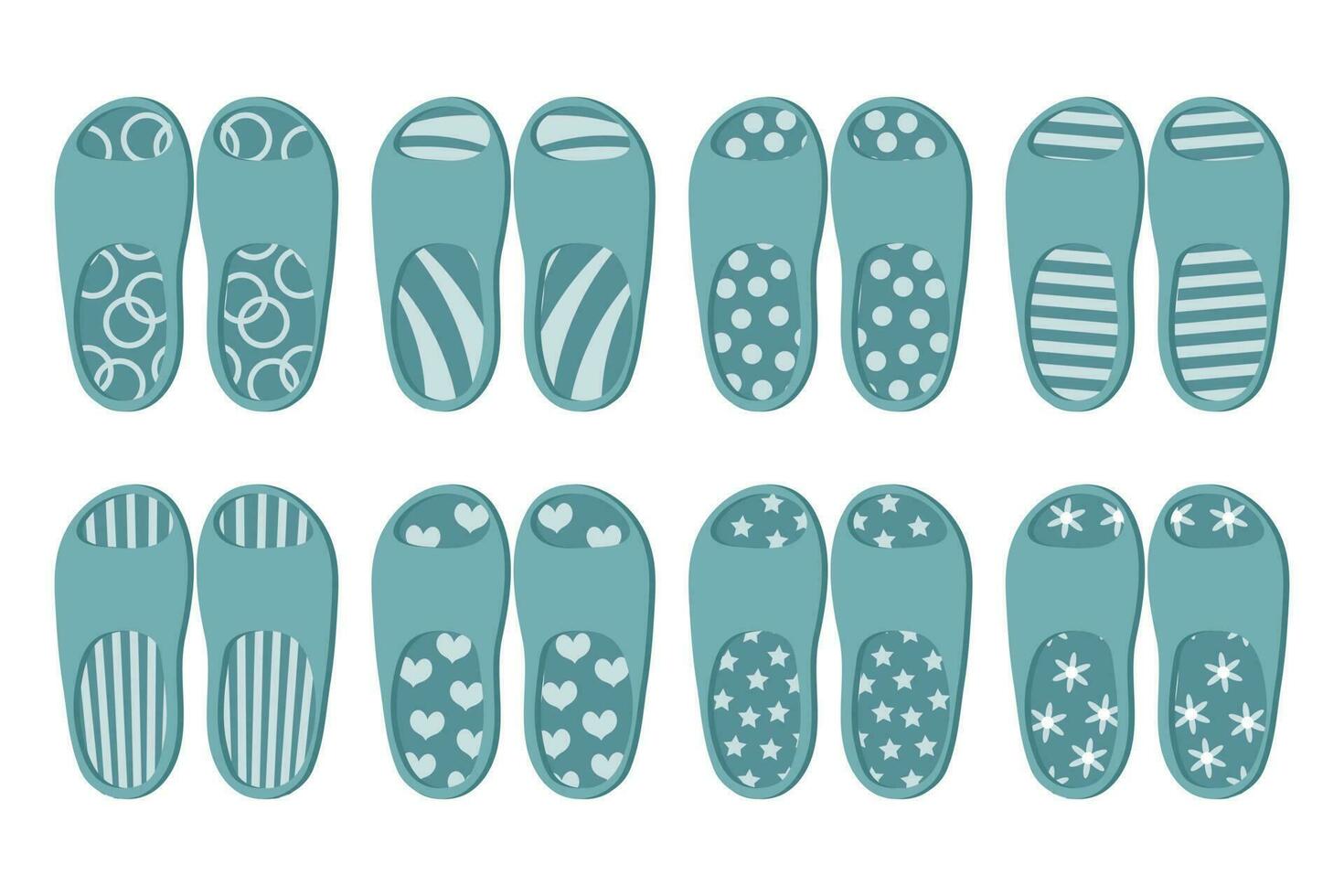 A set of colorful rubber flip flops. Illustration of summer shoes, top view of slippers. Pool shoes. Flat design. Icons, vector