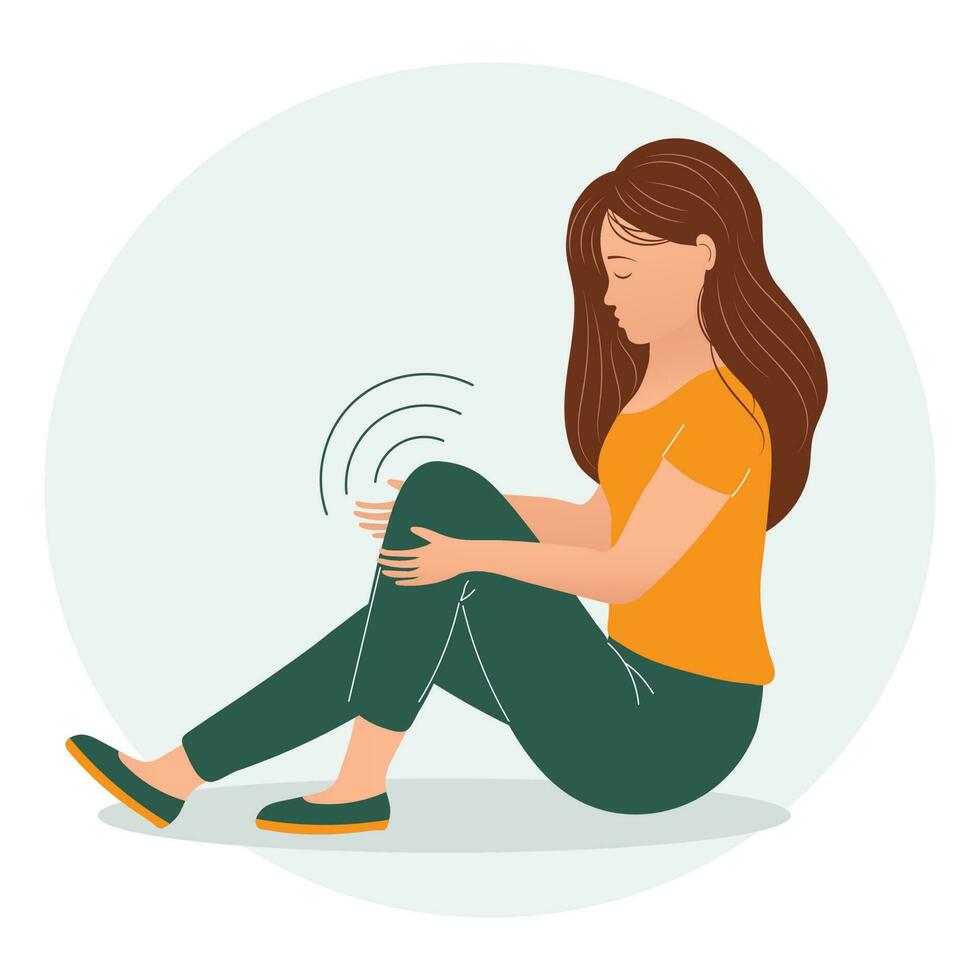 Sad young woman with pain in her knees and knee joint. The concept of health and medicine. Illustration, vector