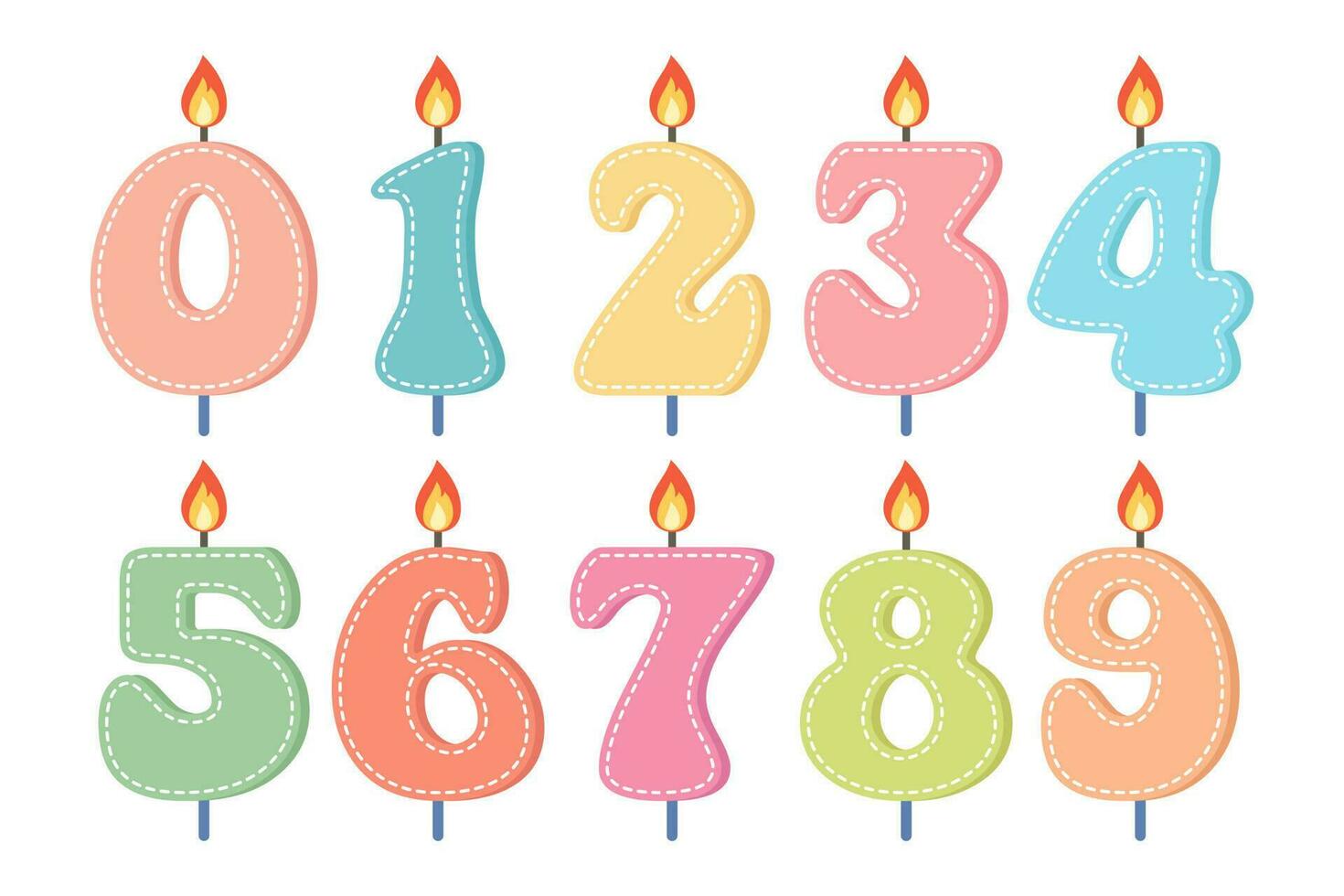 Set of colorful number candles for birthday, cute birthday cake candles. Cake decoration for the holiday. Vector