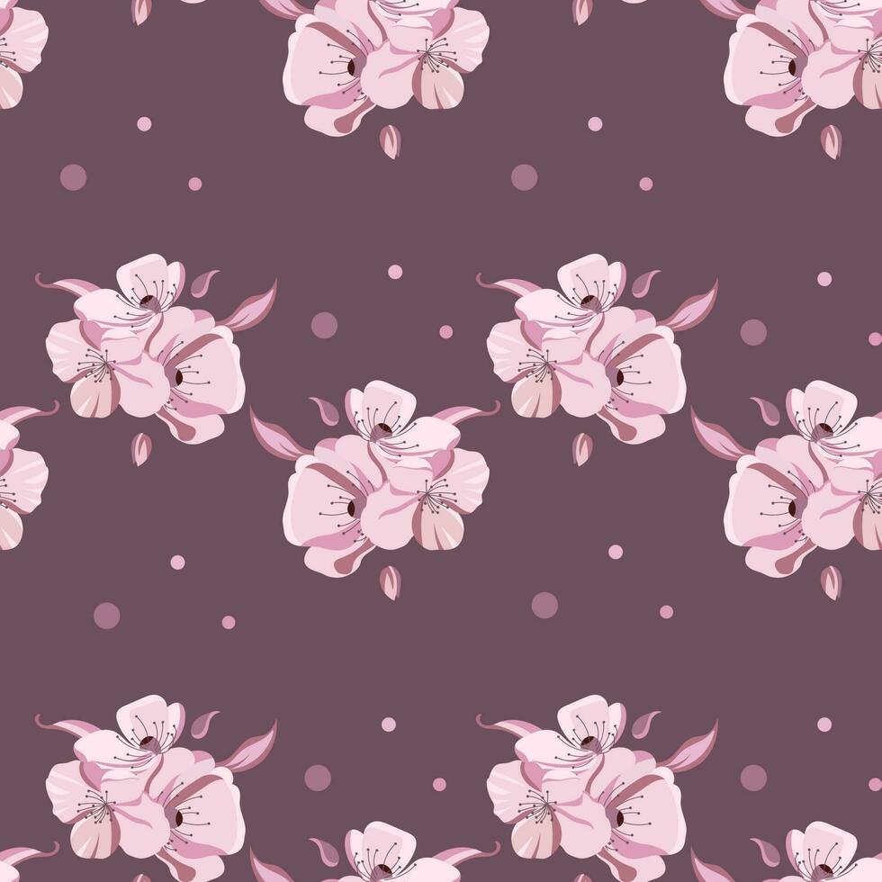 Seamless pattern, delicate pink flowers on a dark background. Print, floral background, textile, vector